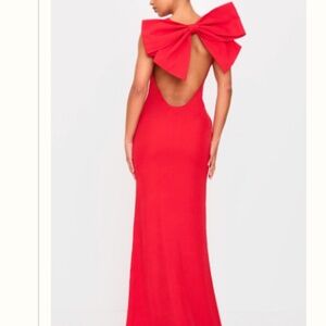 RED OVERSIZED BOW SCOOP BACK MAXI DRESS